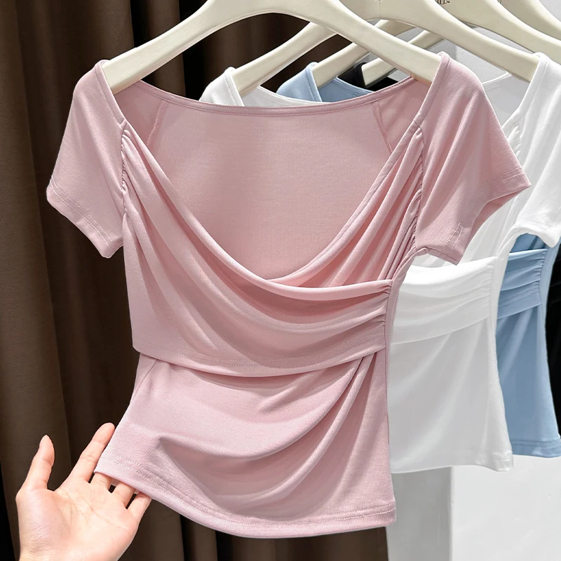 

Pure desire sexy V-neck cross short-sleeved T-shirt female summer 2025 new slim waist bottoming shirt ice silk short top