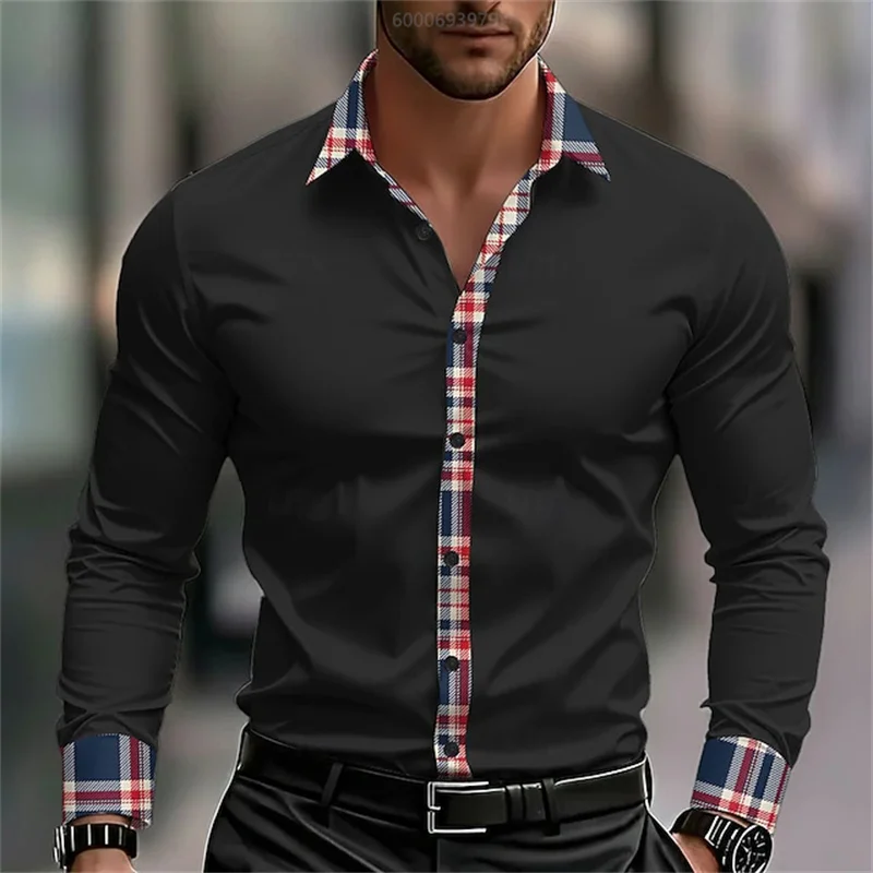

Men's geometric plaid shirt, fashionable, casual, suitable for outdoor daily wear, spring and autumn, lapel 3D print shirt, blac
