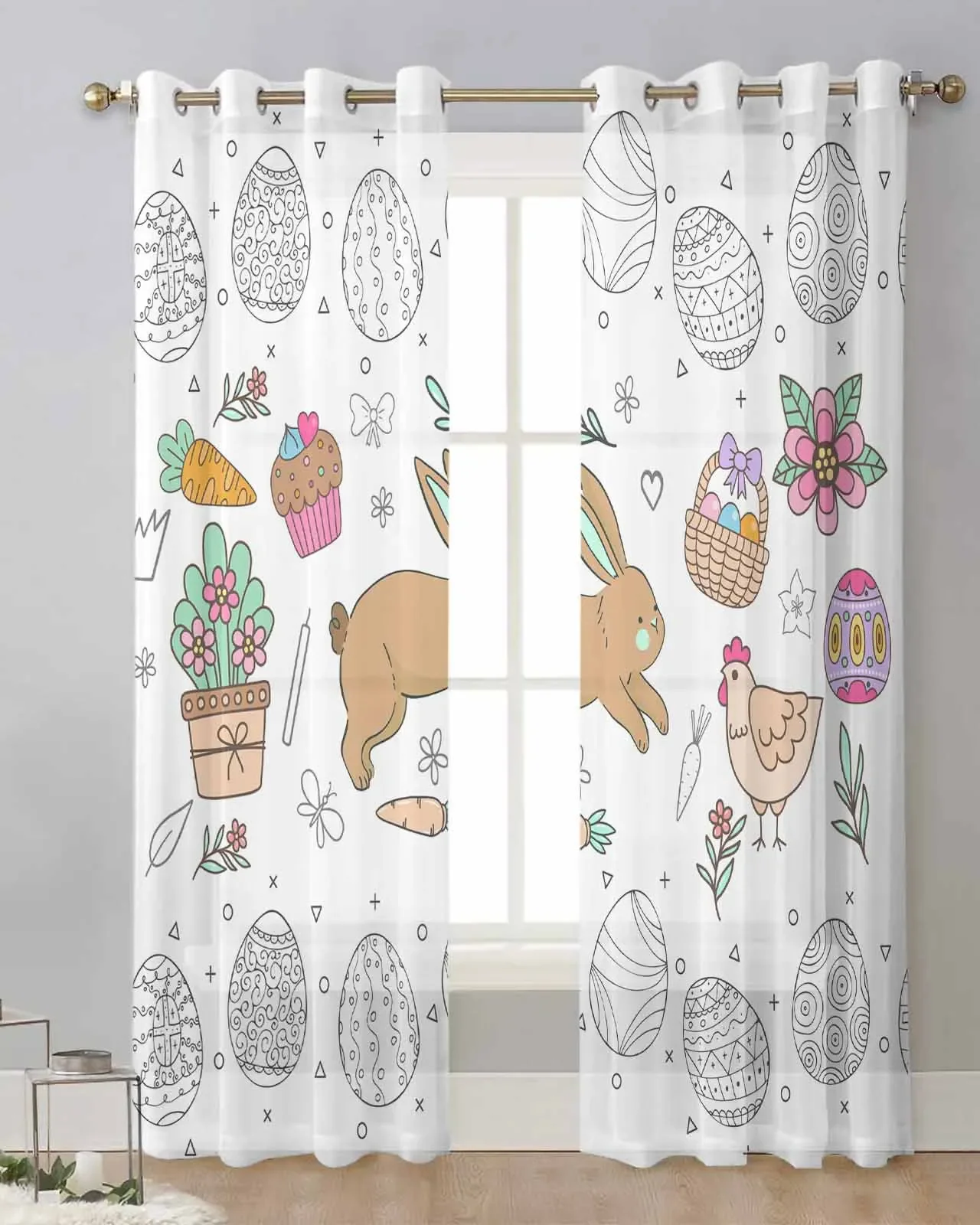 

Easter Egg Bunny Cartoon Pattern Sheer Tulle Curtain Children Bedroom Curtains Living Room Window Treatment Voile Drape