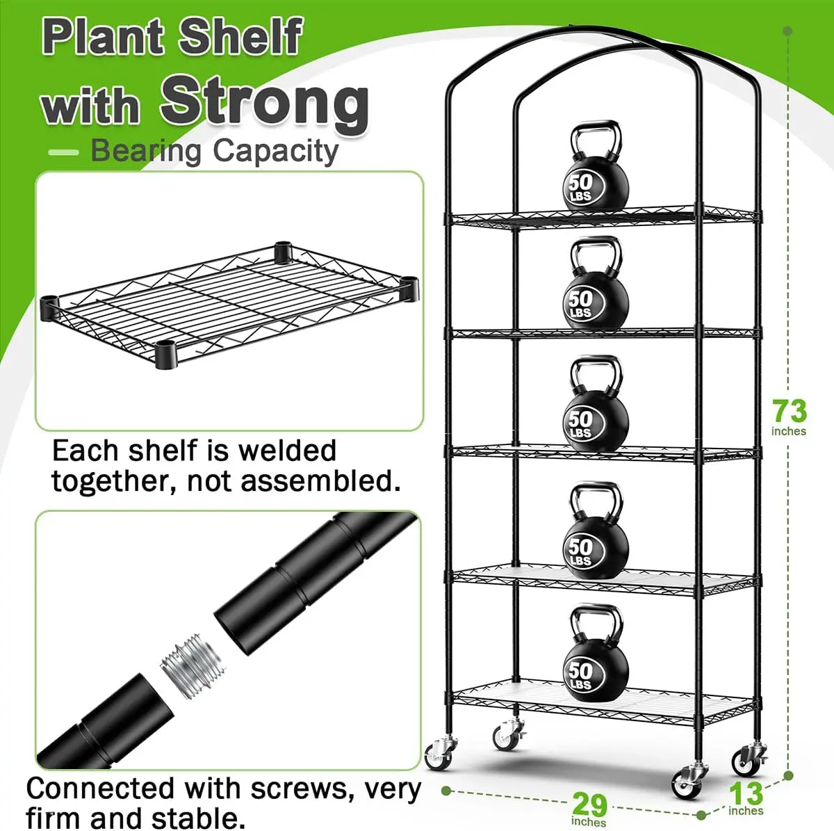 

5-Tier Greenhouse with Caster Wheel, Each Shelf Height Adjustable Metal Plant Shelf PVC Cover for Seed Starting Trays,