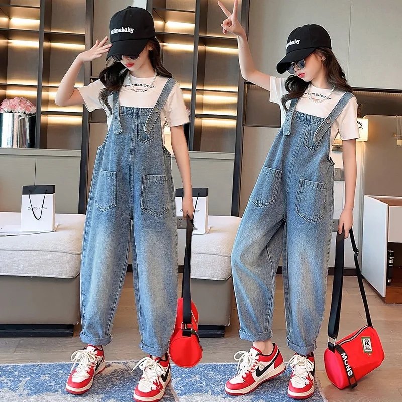 Hot Sale Kids Denim Jumpsuit For Girls Elegant Fashion Overalls Streetwear Teenager Child Causal Suspenders Jeans with Straps