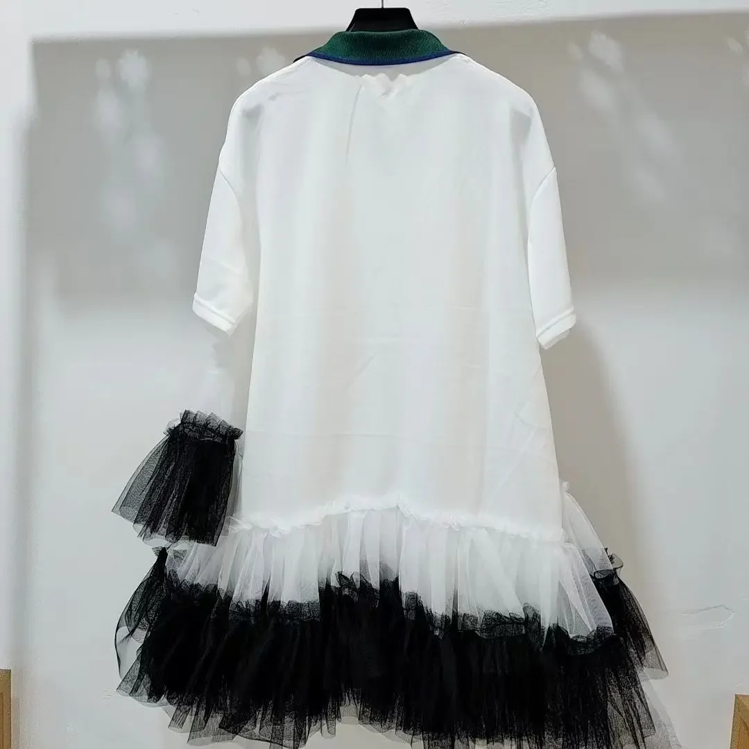 Summer Mesh Splicing Ruffles Short Sleeve T-Shirts Irregular Gauze Stitching Ruched Pleated Tees Letters Printed Jumpers Tops