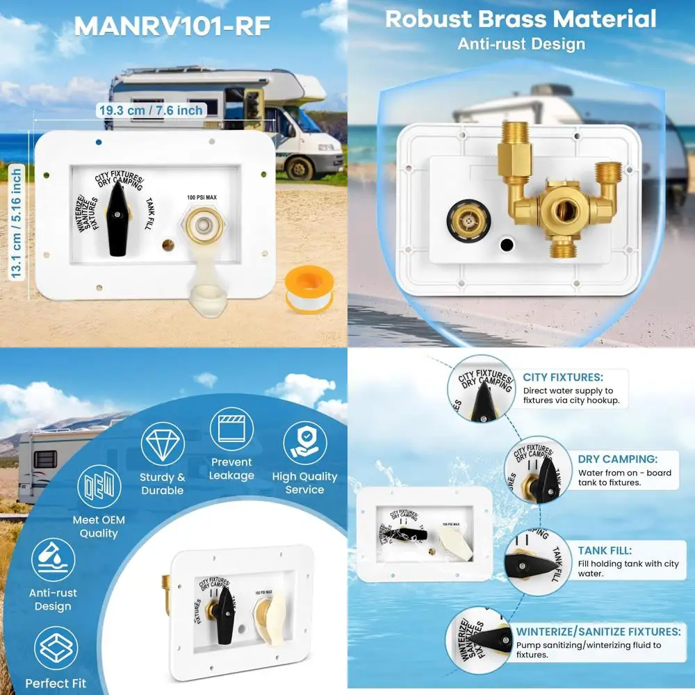 

Панель обслуживания воды Vikua RV с 4-функциональным 3-позиционным латунным клапаном для городских светильников Tank, сухой кемпинг, адаптер с резьбой 3/4 дюйма