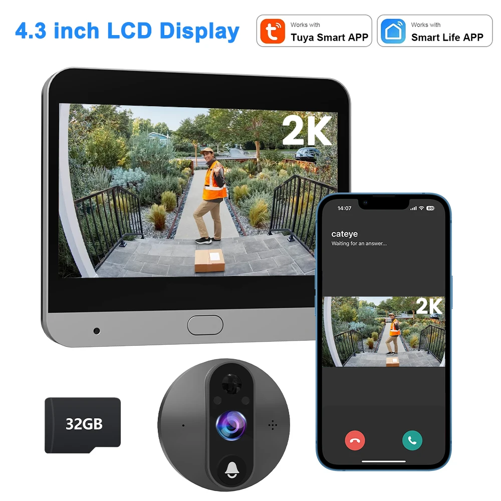 4.3 Inch Display 2K Tuya Digital Peephole Viewer WiFi Doorbell Camera Cat Eye Door Bell with 32GB Memory Card Support Smart Life