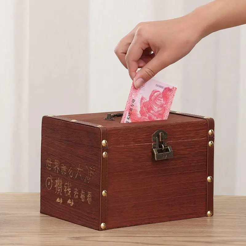 

Children's piggy bank with lockable cash box StorageSafe box money key home money saving organizer wooden safe Treasure chest