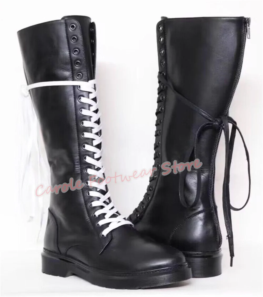 

Black Cowhide Mixed Color Lace-up Knight Boots for Men Round Toe Chunky Heel Side Zipper Long Boots Male Knee High Boots