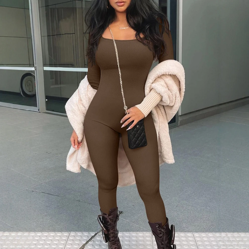 レディース長袖ジャンプスーツ、ラウンドネック、フルレングス、スキニーフィット、スポーティー、無地、トレーニングウェア、秋用