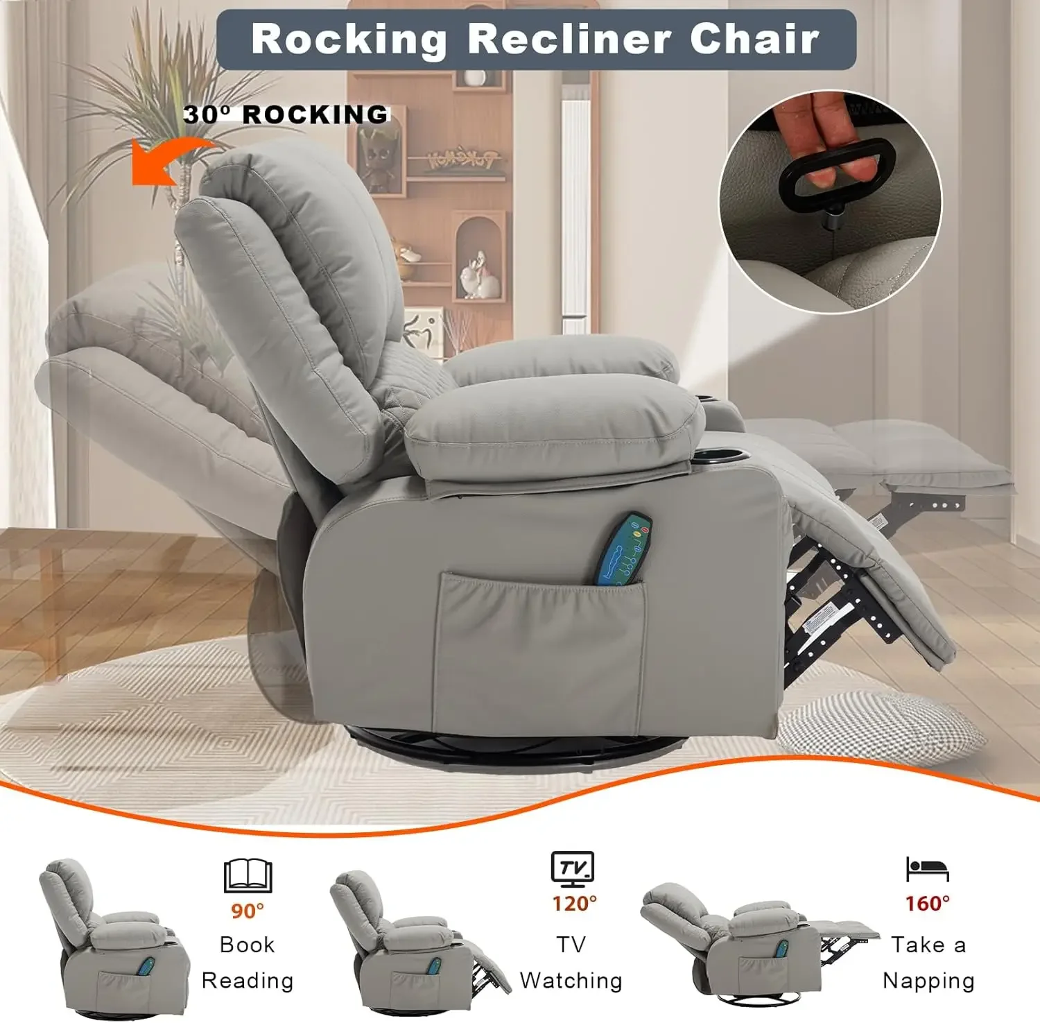 [متجر هيلونج] كراسي هزازة للتدليك مع كراسي يدوية مريحة من الجلد الصناعي الحراري مع حاملات أكواب، G