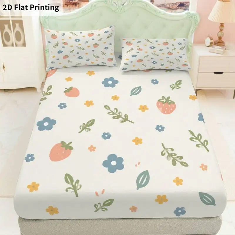 3Pcs Strawberry Floral Fitted Sheet Three Piece Set (1*Fitted Sheet + 2*Pillowcases, Coreless), Bedding Set