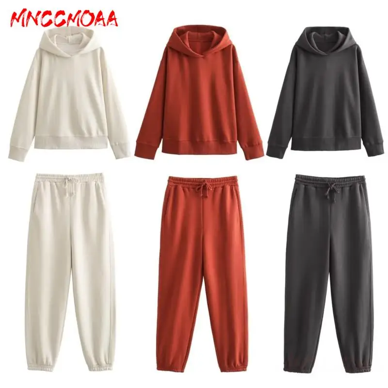 MNCCMOAA-Women\'s Loose Hooded Pullover Sweatshirt and Elastic High Waist Jogging Pants Set, Female Fashion, Autumn, Winter, 2024