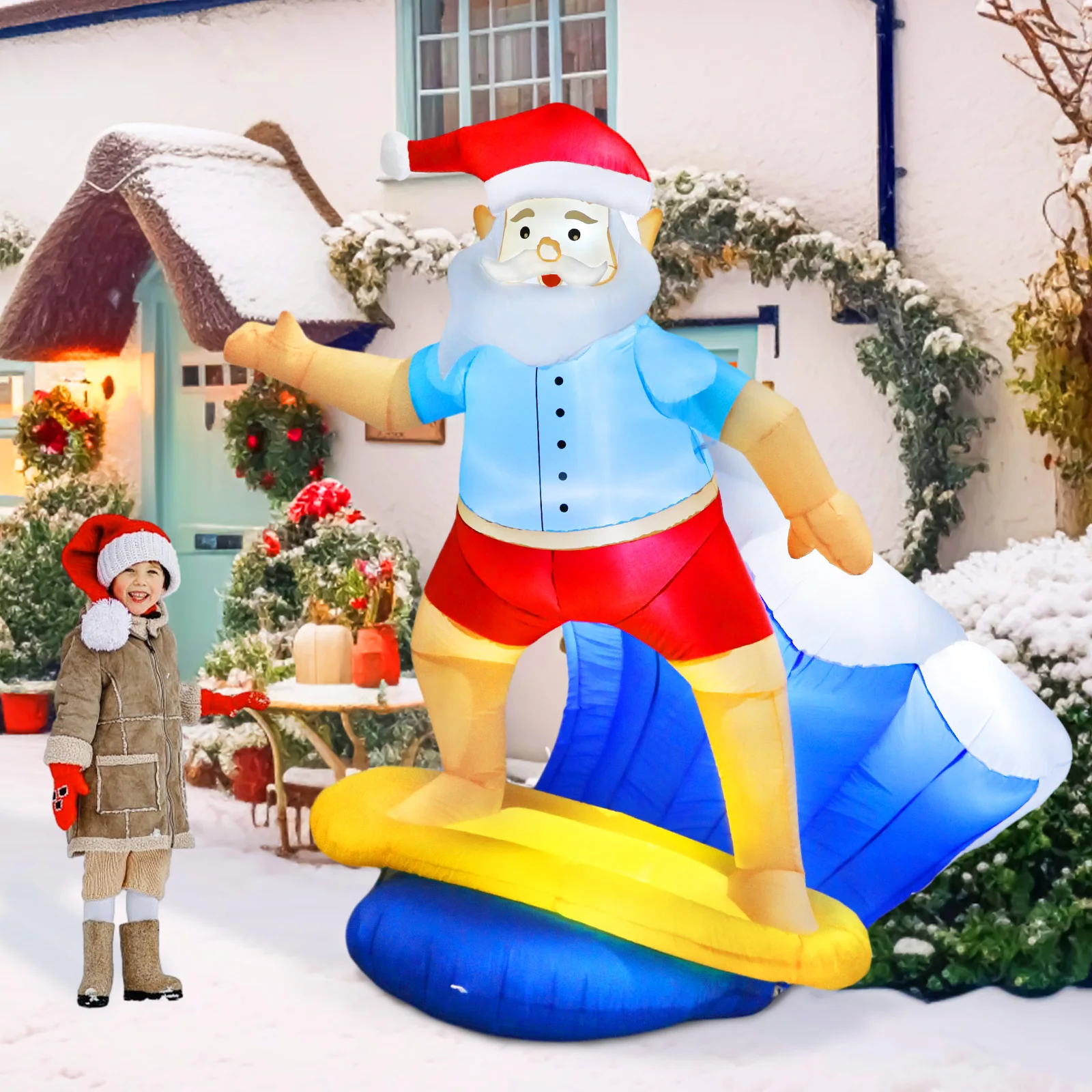 

OurWarm 6ft Christmas Inflatables Surfing Santa Claus Inflatable Xmas Outdoor Lawn Decorations Santa Blow Up with LED Lights