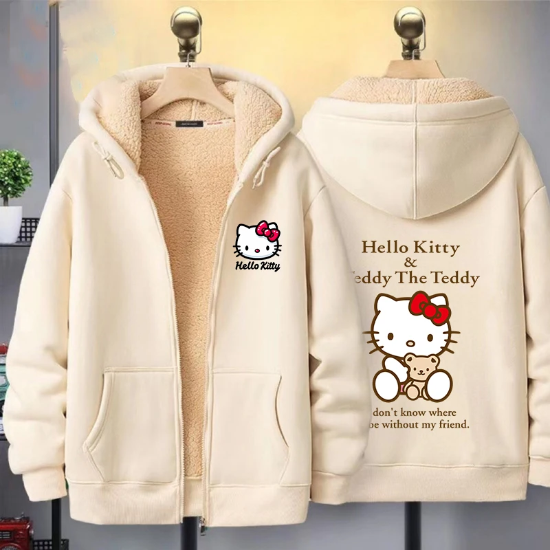 Hello Kitty Women's Zipper Hoodie Autumn and Winter New Cute Kawaii Sanrio Pattern Sweatshirt Streetwear Girl Lady Clothing Coat