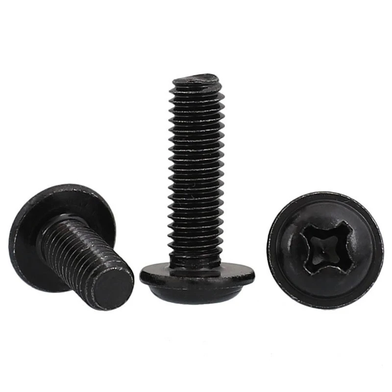 10/ 20/ 50/ 100pcs PWM M1.4 M2 M2.5 M3 M3.5 M4 M5 Black Carbon Steel Cross Phillips Pan Round Head With Washer Collar Screw Bolt