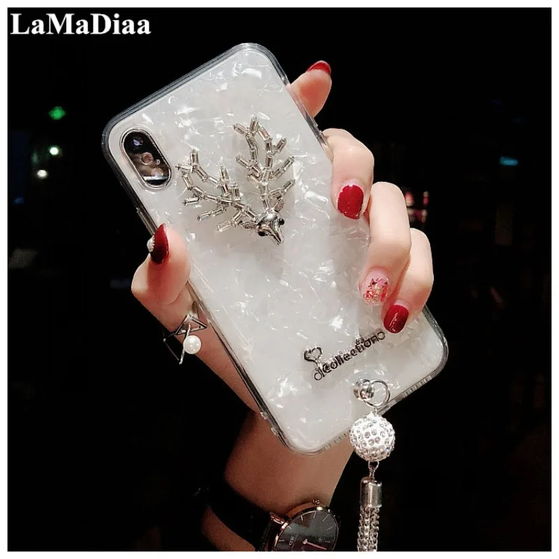 Soft Phone Case Cover for IPhone 14, 15, 13, 12, 11 Pro Max, 7, 8, Glitter Bling, Diamond Pendant, Cute Antlers