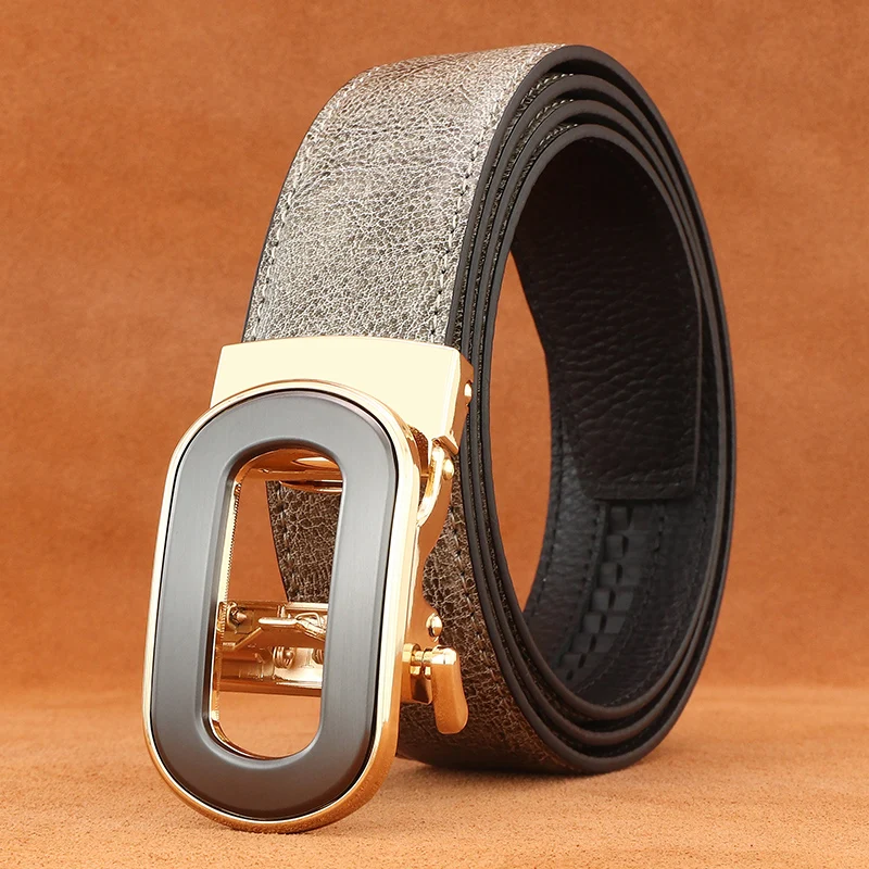 

Высококачественные модные эллиптические ремни с автоматической пряжкой для отдыха, мужские ремни из натуральной кожи, серый роскошный известный бренд, молодой мужской пояс