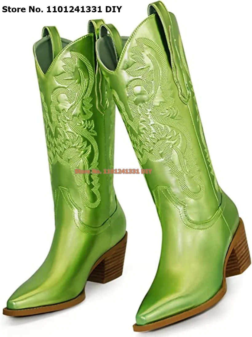 

Metallic Green Chunky Heeled Mid-Calf Western Boot Women Embroidery Cowboy Long Boots Plus Size 35-46