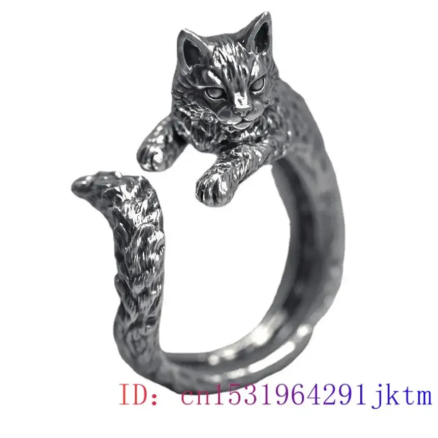 925 Silver Cat Ring Real Jewelry Designer Fashion Adjustable Rings Gifts Amulets Accessories Charms Luxury Carved Women