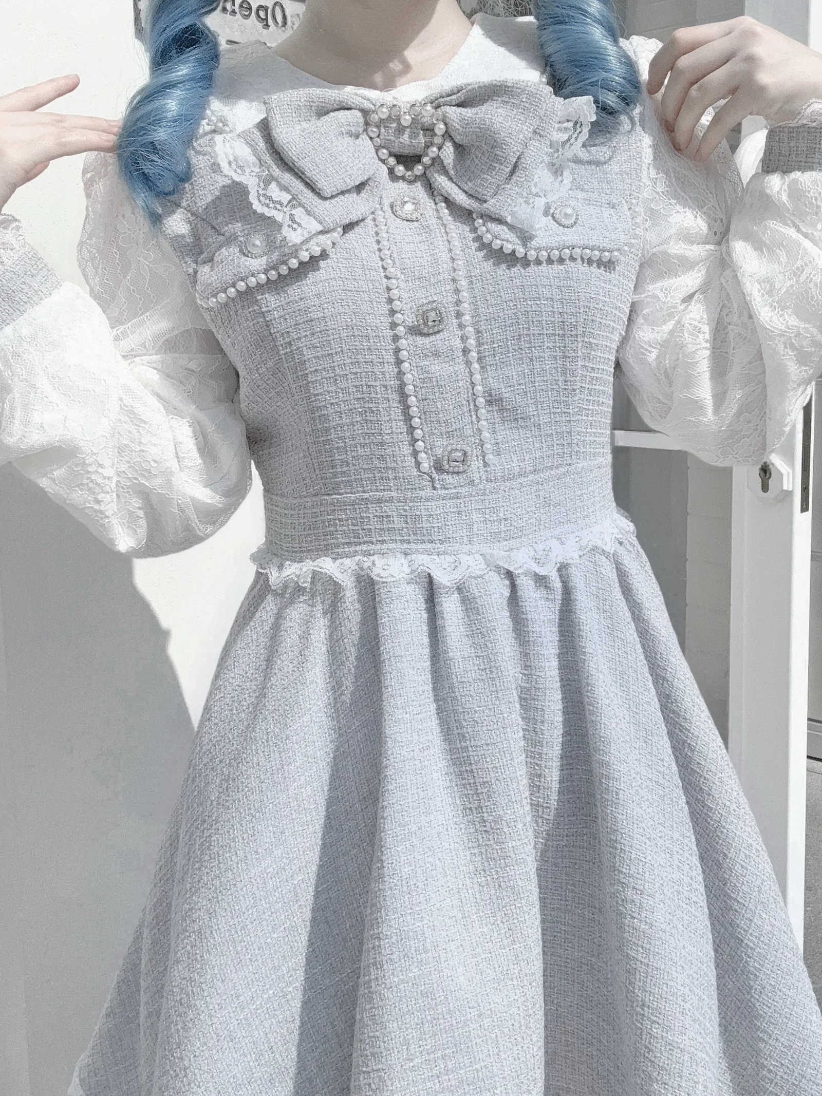 Japan Sweet Elegant Small Fragrance Preppy Style Dress Bow Tweed Slim Waist Lace Robe Patchwork Luxury Hip Hop Lovely Vestidos - Image 2