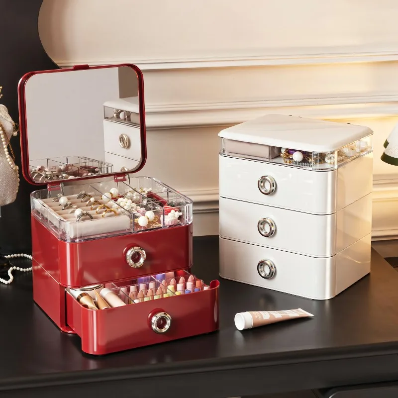

1 шт. Элегантный органайзер для хранения украшений и маникюрных принадлежностей с крышкой от пыли, настольный, с зеркалом
