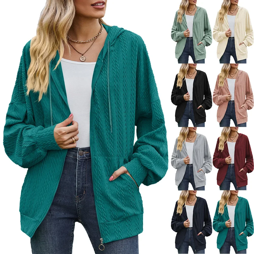 

Europe and the United States new autumn and winter solid color pocket long sleeve loose hoodie women's coat