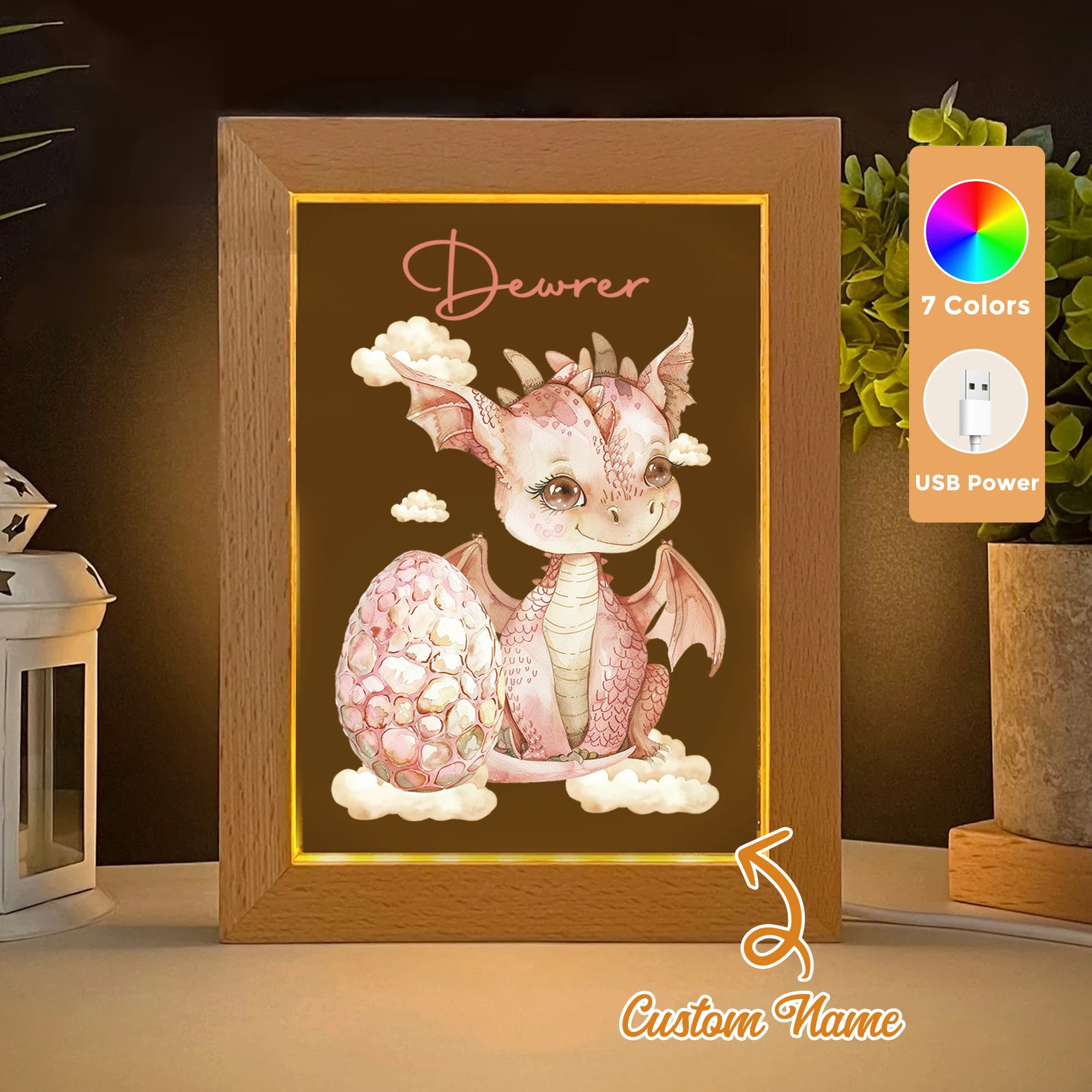 

2D Flat Custom Name Pink Cartoon Dinosaur LED Acrylic Night Light Wood Photo Frame 21x17cm Child Bedroom Gifts Home Decor