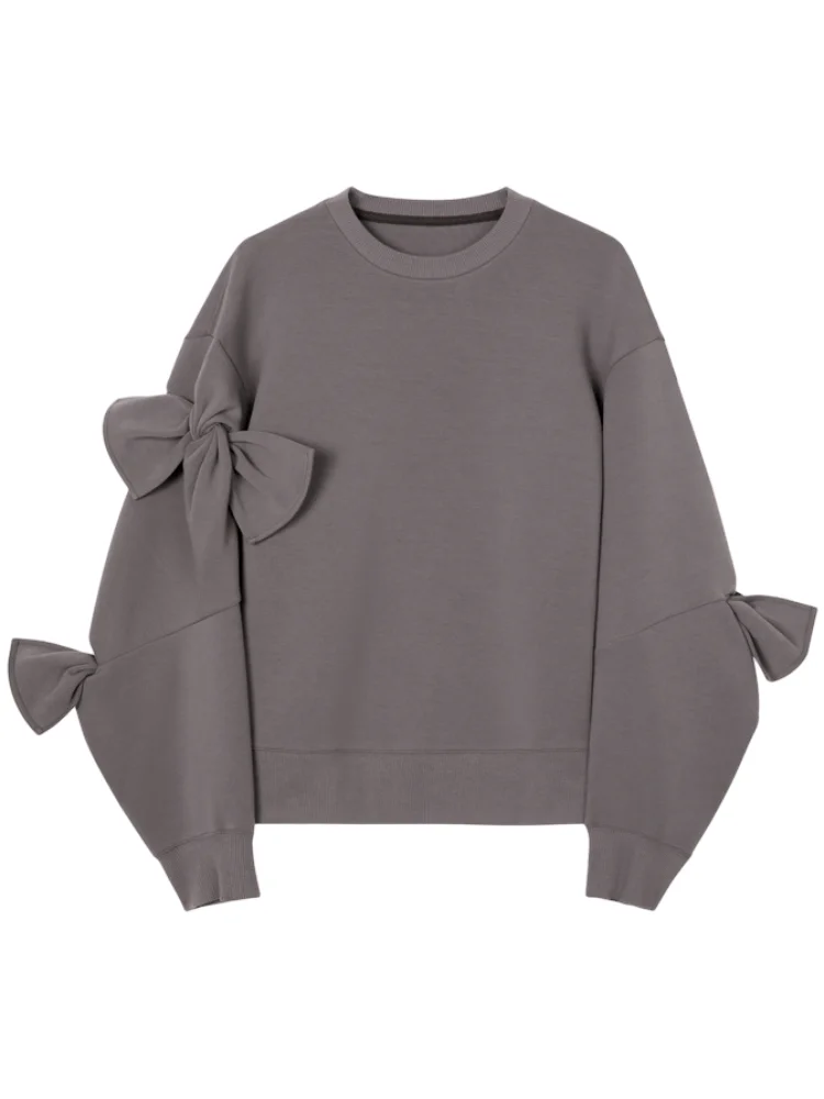 Fall Winter Women Vintage Bow Solid Color Round Neck Hoodie Long Sleeve Sweatshirts Design Korean Fashion Pullovers Romantic New