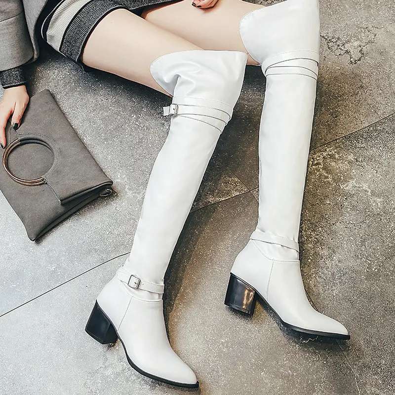 

Fashion High Heels Over The Knee Boots Women Leather 6CM Square Heel Belt Buckle Women's Shoes Black White British Style Boots