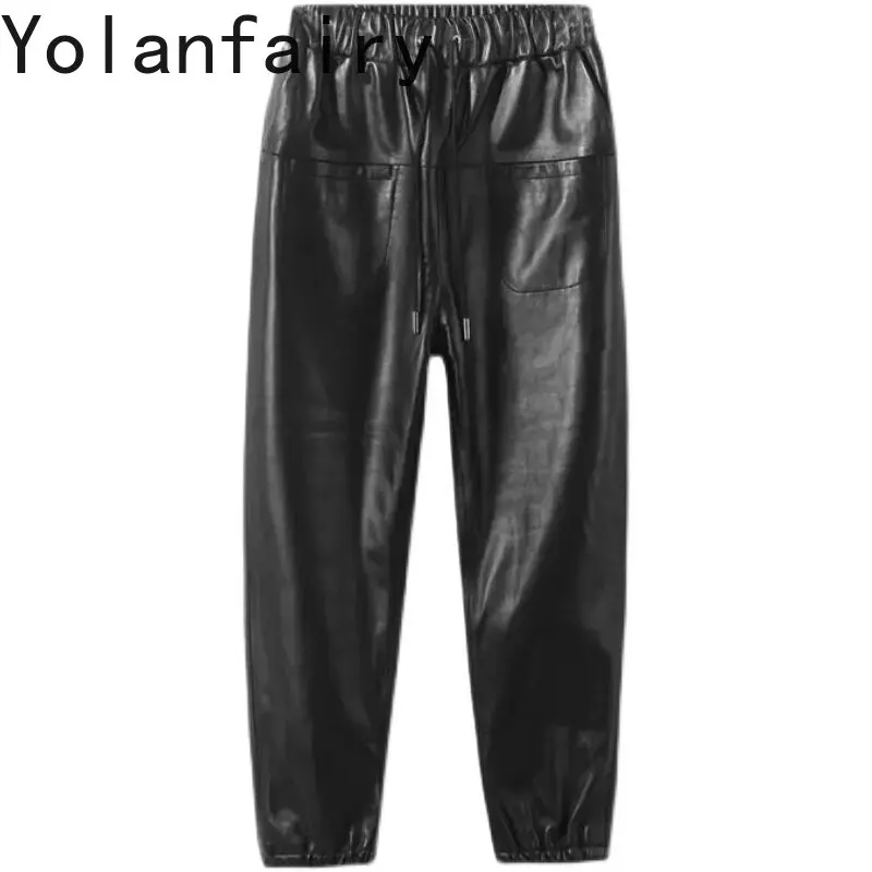 YOLANFAIRY Real Sheepskin Leather Pants Women Autumn Elastic Waist Harem Lantern Pants Eight Points Casual Versatile Trousers