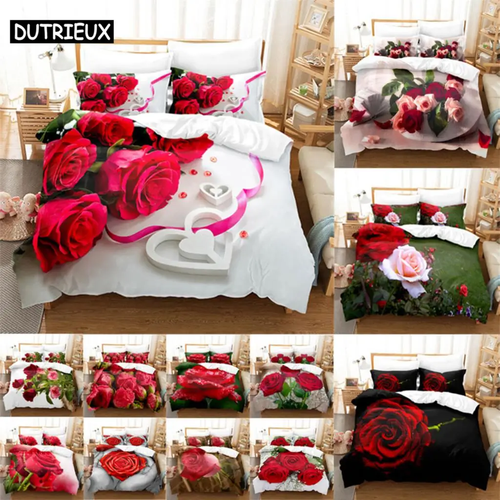 

Flower Duvet Cover Set Double Bed Single Red Rose Quilt Cover Thin 3D Comforter Bedding Sets 3pcs 2Pcs King Size Full Wedding