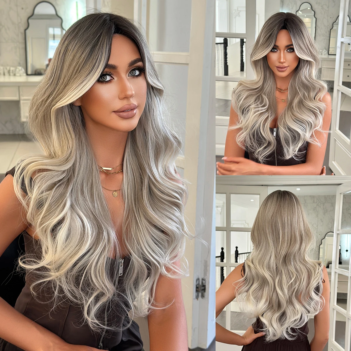 

NAMM New Fashion Long Wavy Ash Wig Tail roll Natural Looking Dark Roots High Quality Fiber Synthetic Fluffy Curly Wigs