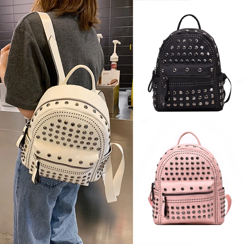 Vintage Rivet Studded Backpack Solid Color School Bag Waterproof Leather Satchel All-match for School University