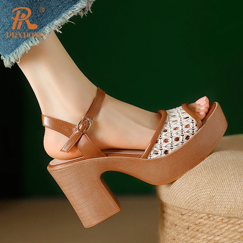 PRXDONG New Classics Genuine Leather Chunky HIgh Heels Platform Shoes Summer Sandals Brown Beige Dress Party Casual Lady Shoes