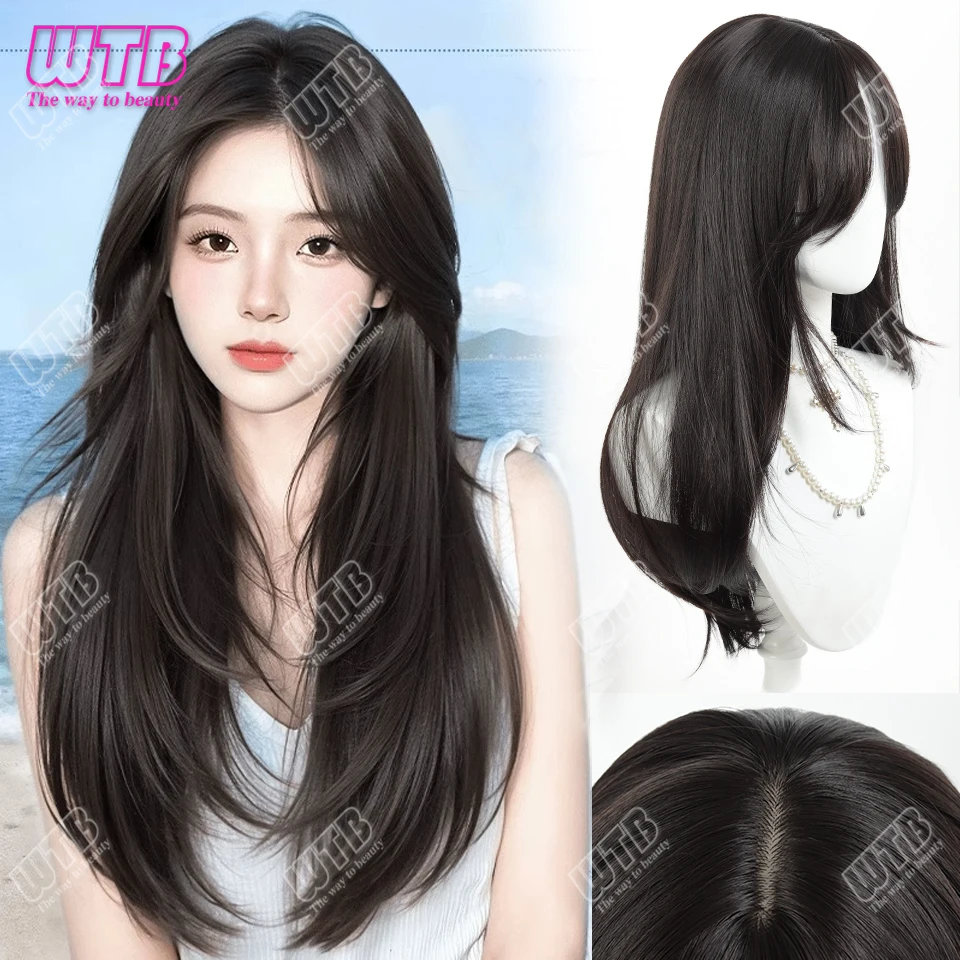 

Длинные прямые черные синтетические парики из натуральных волос, женский парик, средняя часть, парики для повседневного термостойкого волос
