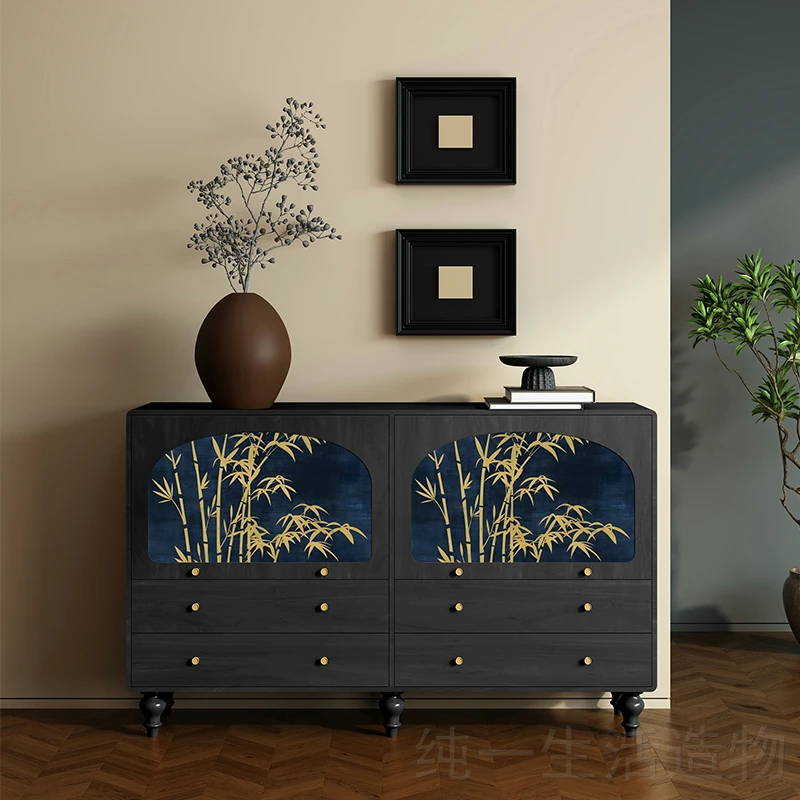 HHHHVintage Bamboo Forest Pattern Solid Wood Combination Chest Of Drawers Entryway Decorative Console Cabinet Living