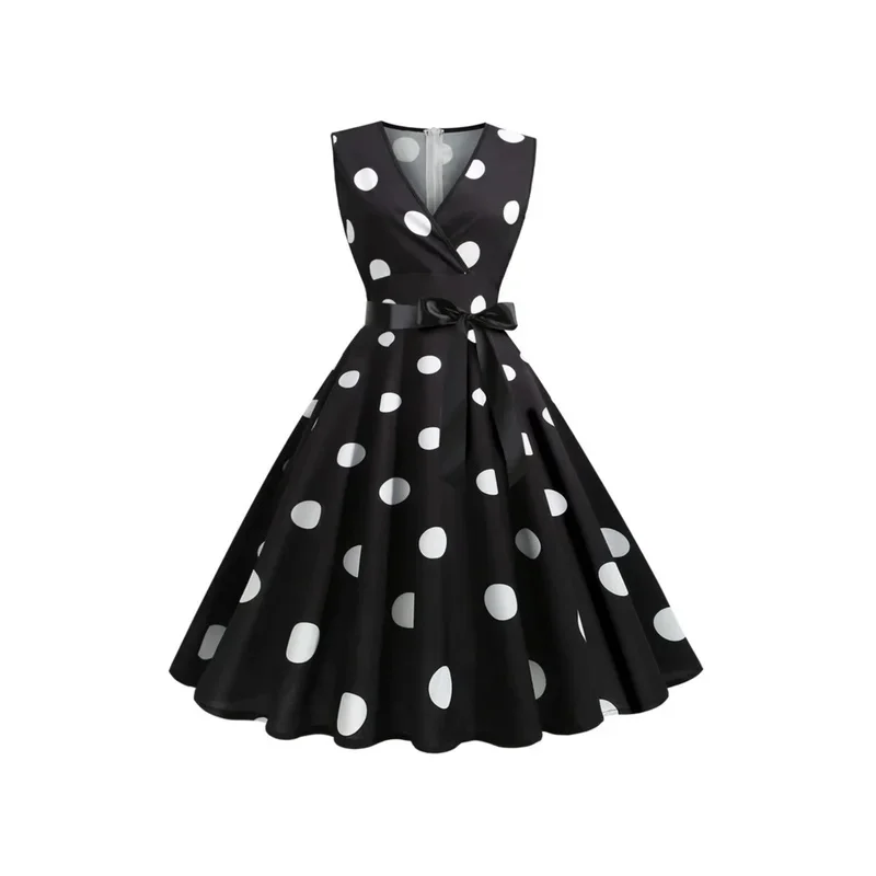 A 2024 Summer Dresses for Women Sleeveless Retro Hepburn 1950s 60s Rockabilly Polka Dot V-Neck Pinup Party Robe Swing Vestidos