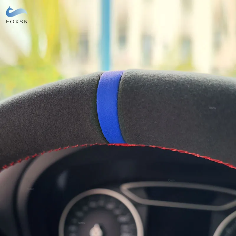 Car Steering Wheel Cover For BMW F10 F11 2009-2017 F12 F13 2011-2017 F01 F02 2008-2015 Suede Leather Trim red blue line blue bar