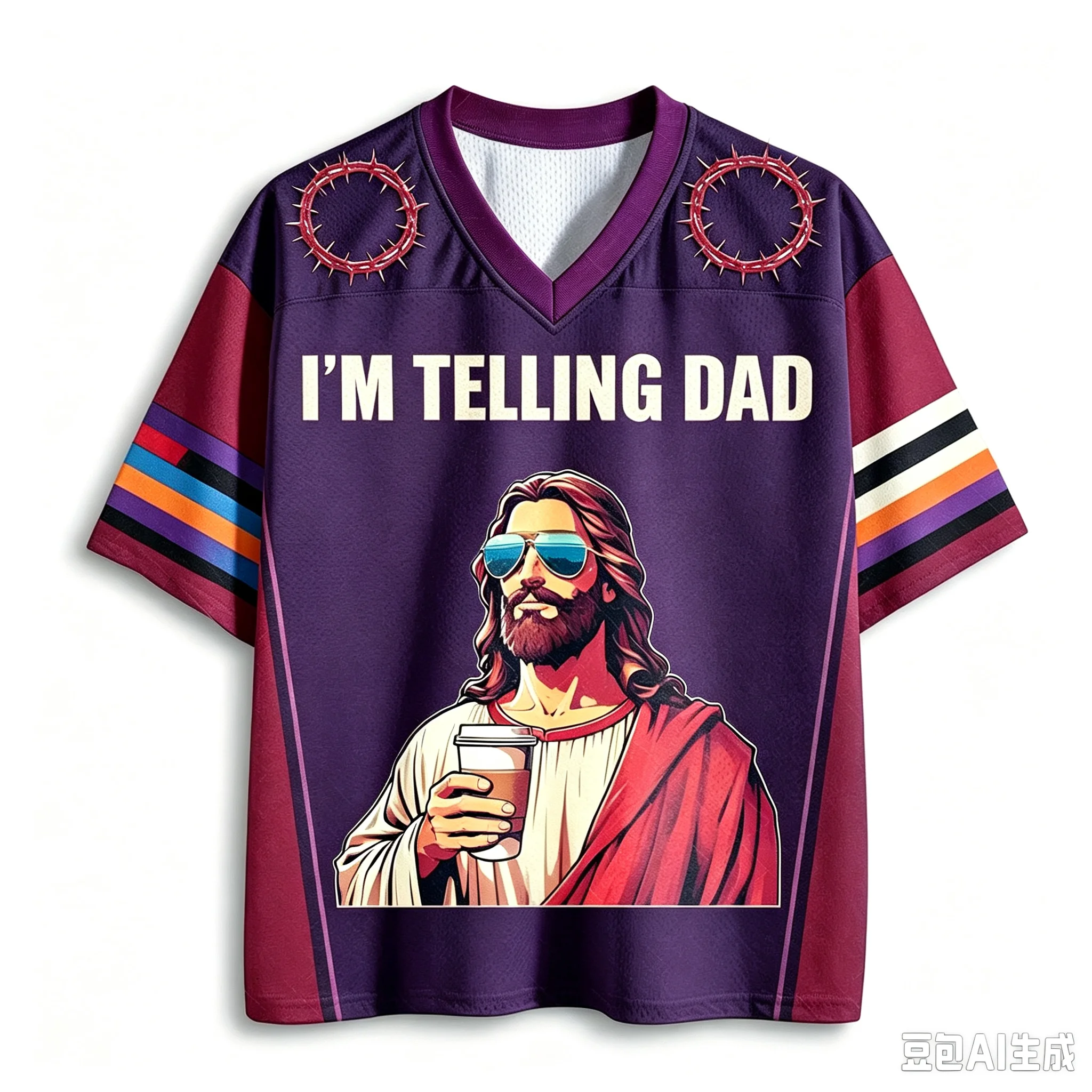 Vintage lustiges Jesus mit Sonnenbrille Kaffee 3D-Druck V-Ausschnitt Oversize-Tops für Herren und Damen Sommer Oversized lässiges Kurzarm-T-Shirt – Detail 8