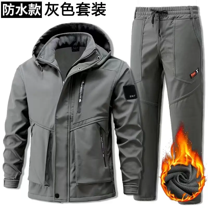 Fleece Hooded Jackets Men's Sets Outdoor Windproof Waterproof Thermal Casual 2 Pcs Jackets+Wear-resistant Straight Cargo Pants