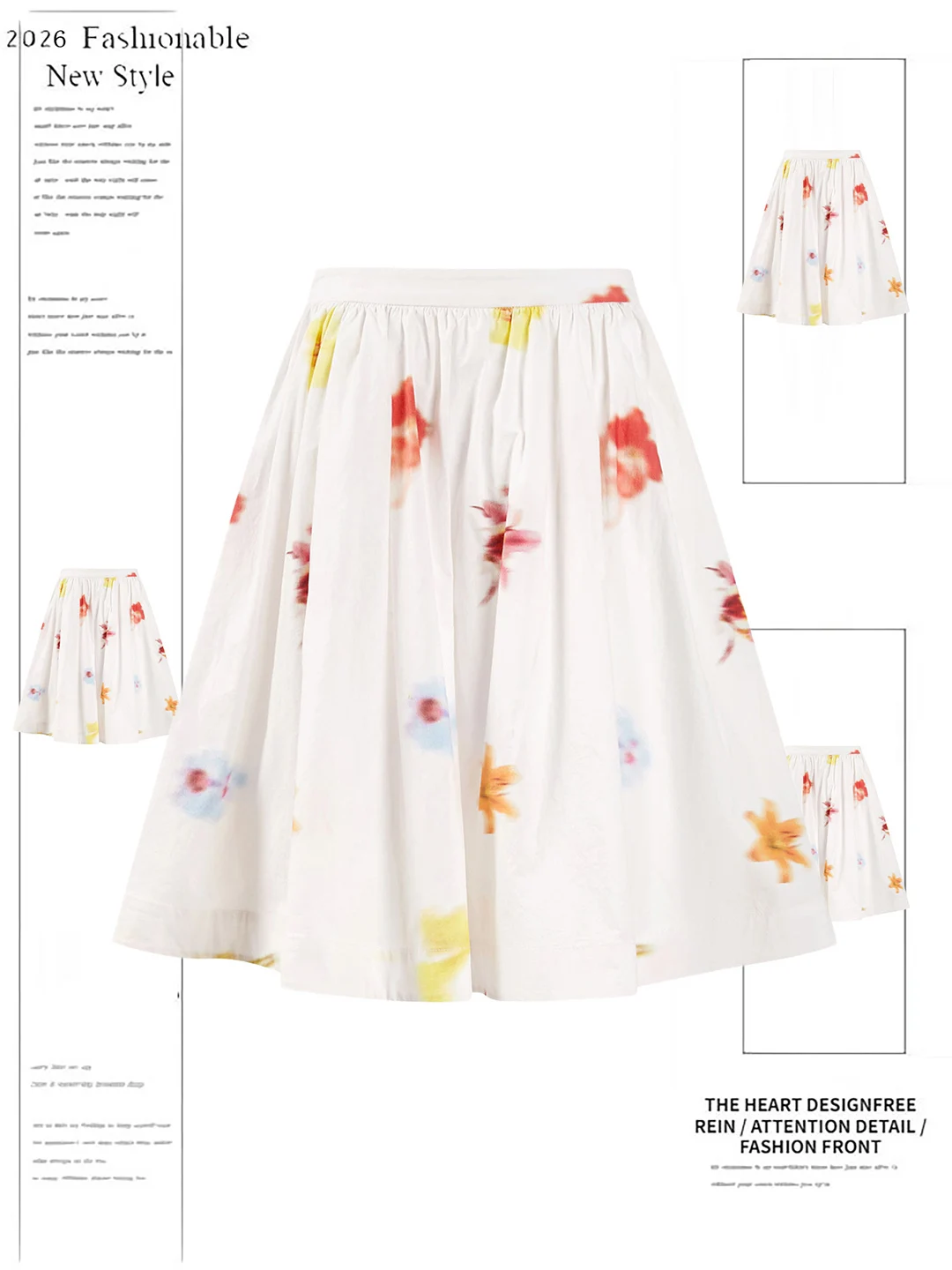 

Summer 2026 New White Floral A-Line Skirt Women's High Waist Polyester Fiber Printed Casual High Waist A-Line Skirt