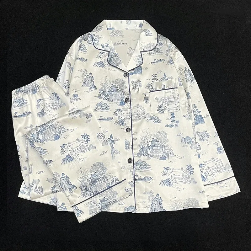 بيجامة نسائية حريرية بأكمام طويلة بيجامة بدلة زهرة مطبوعة عالية الجودة من الحرير الجليدي يمكن ارتداؤها خارج المنزل بيجامة