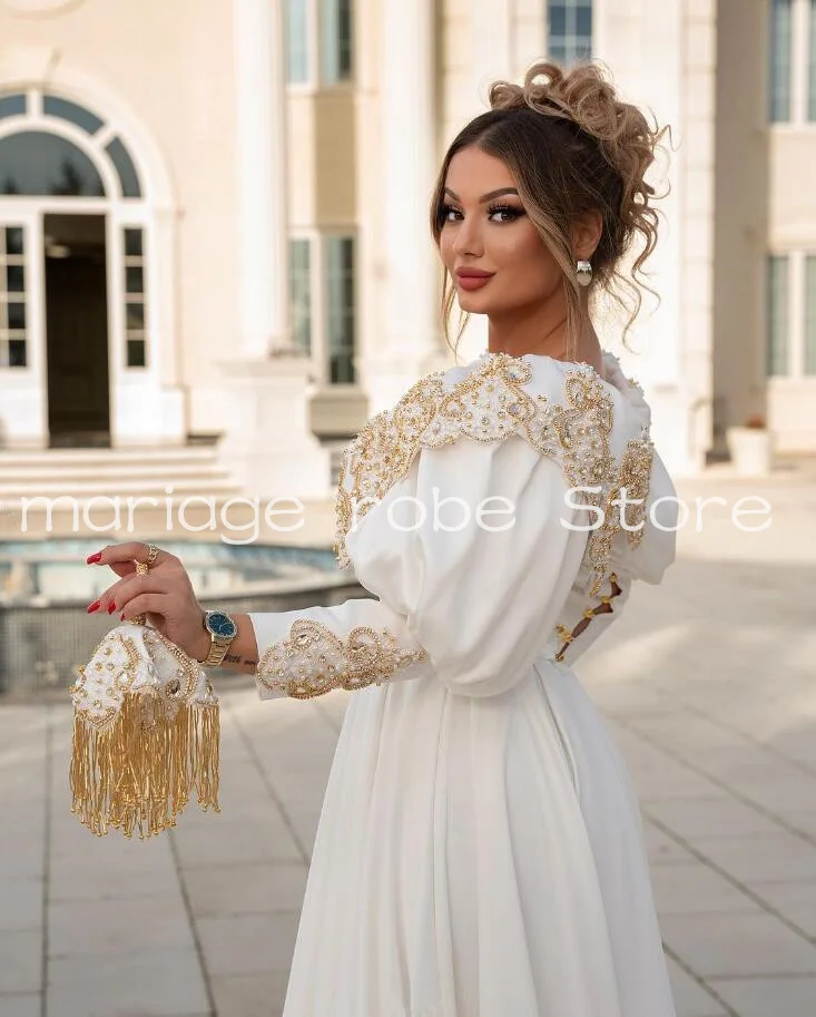 White Robe Long Evening Formal Dress for Women Luxury Pearls Beaded Puffy Long Sleeve Prom Gown albanische Kosovo 2024