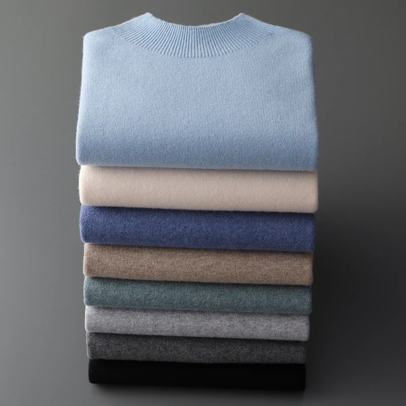 Suéter de cachemira de lana pura 100%, jersey de medio cuello alto para hombre, suéter de punto superior grueso de moda informal