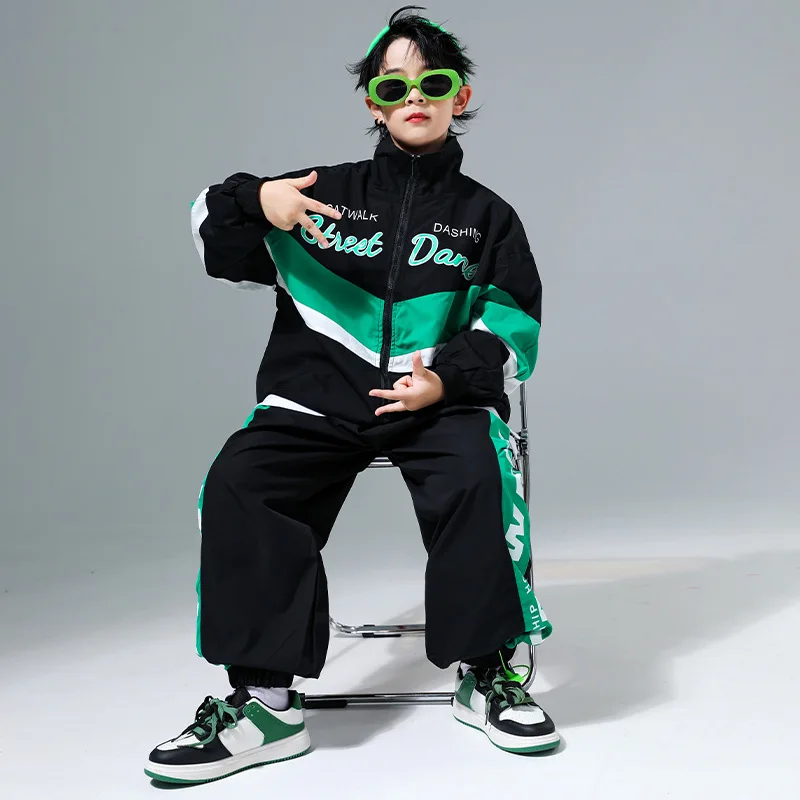 Boys Hip Hop Contrast Bomber Jacket Sport Pants Girls Street Dance Coat Streetwear Kids Jazz Clothes Children School Uniform