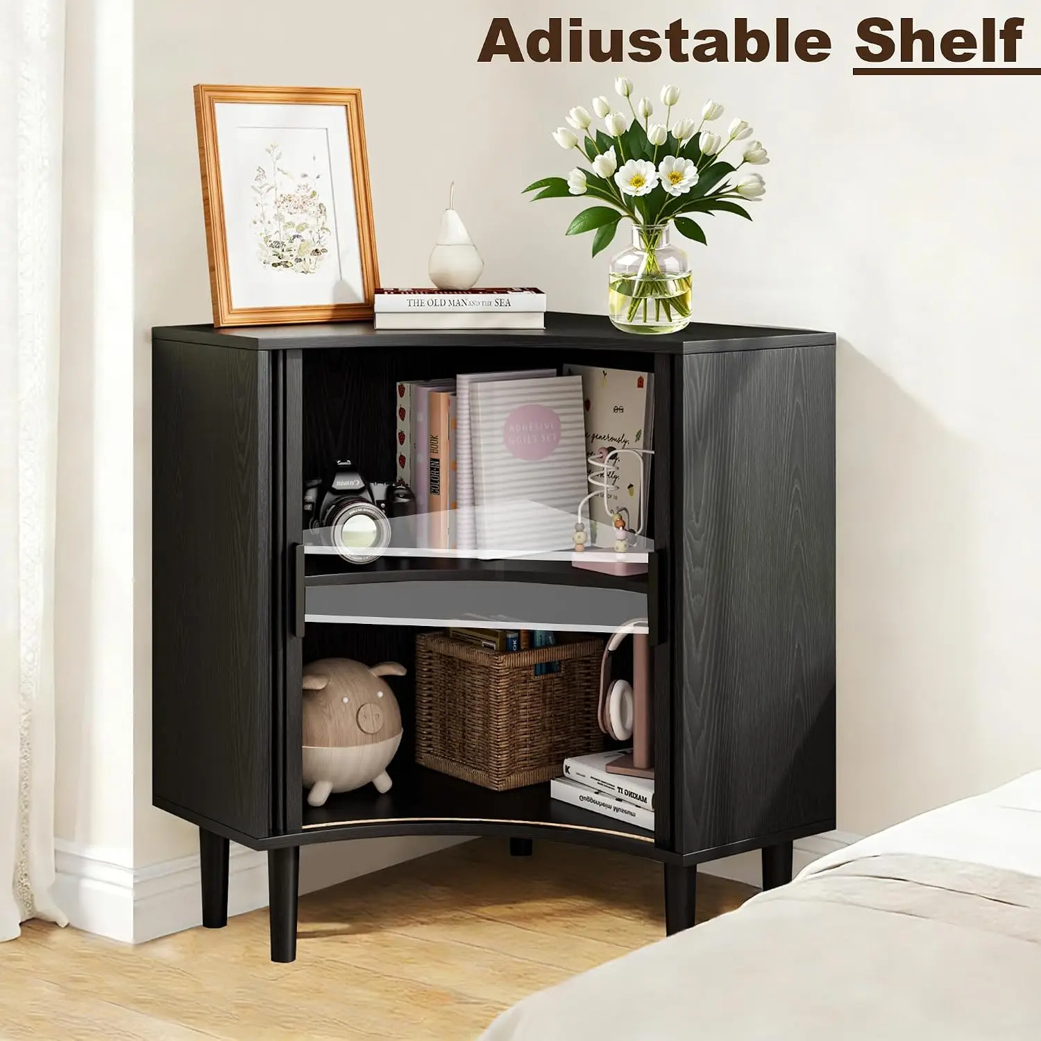 Fluted Corner Cabinet Sliding Doors Adjustable Shelves Storage Bathroom Living Room Kitchen, Customized