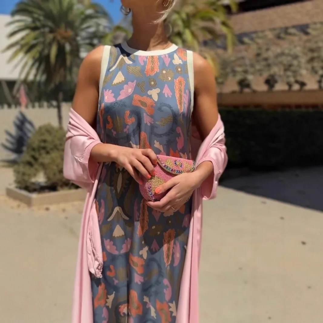 

Women's Dresses Two Piece Set Fashion Casual Color Print Loose Sleeveless Long Dress Solid Color Cardigan Coat 2 Piece Sets New