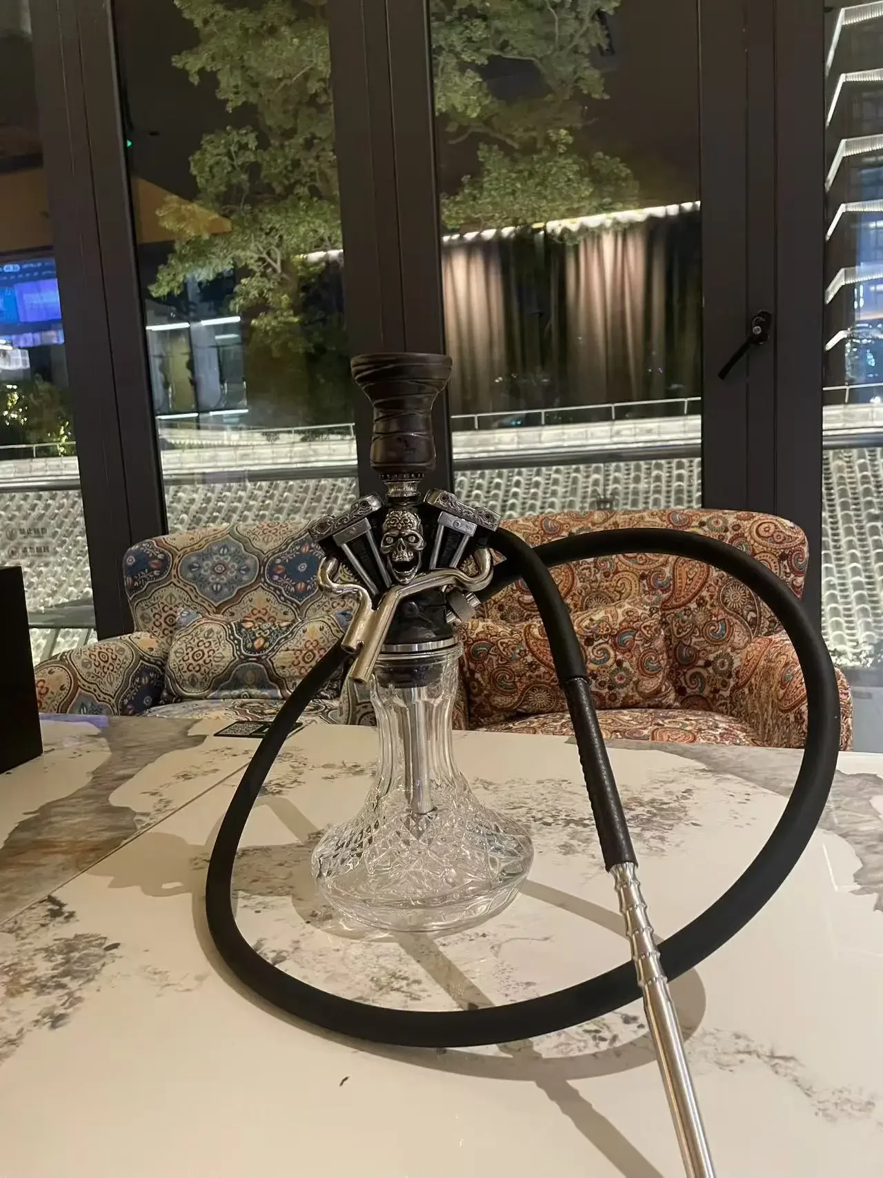 Maklaud Old Skull Iron Hookah Shisha Set 304 Stainless Steel With Pattern Glass Base Single Hose