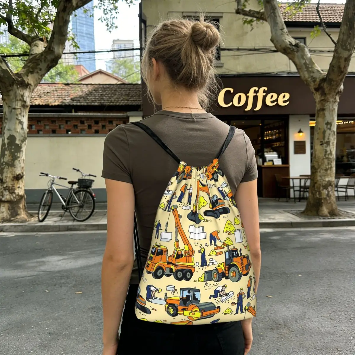 Cartoon Truck Car Tractor Excavator Pattern Backpacks Casual Drawstring Bags Sports Bag Book Bags for Travel Students