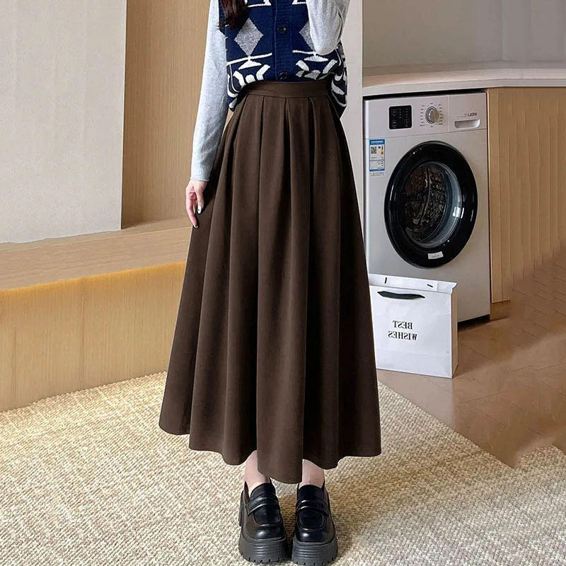 Autumn Winter Woolen Pleated Skirt Female Vintage Preppy Style High Waist A-Line Skirts Streetwear Swing Long Skirt Daily Casual
