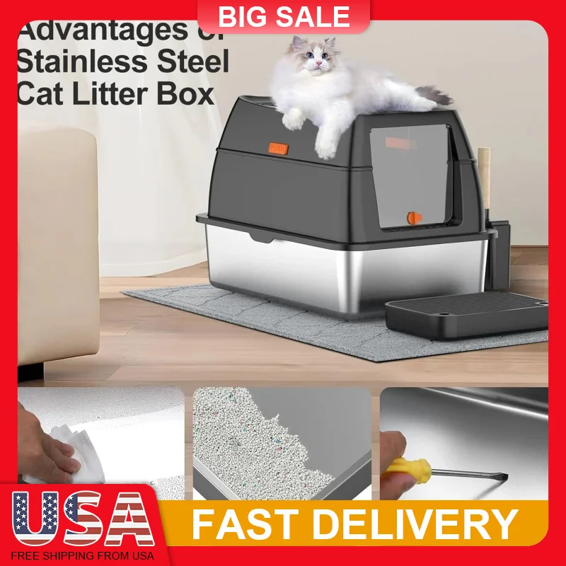 

Stainless Steel Cat Litter Box with Lid Extra Large Enclosed Front Top Entry Odor Proof Kitty Litter Box Includes Scoop Mat