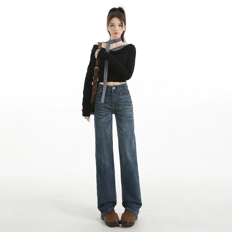 

American-style dark blue women's jeans, new elastic slim-fit versatile slimming straight-leg long pants